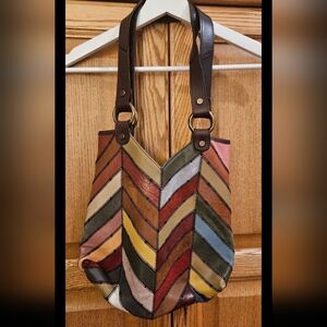 Vintage Lucky Brand Colorful 90's Boho Rainbow Chevron Leather Patch Bag